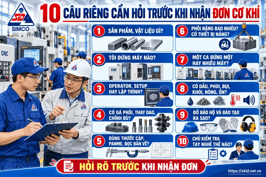 10 câu riêng cần hỏi trước khi nhận đơn cơ khí: máy, cấp việc, đo kiểm, phôi, môi trường, bảo hộ, cách kiểm tra tay nghề