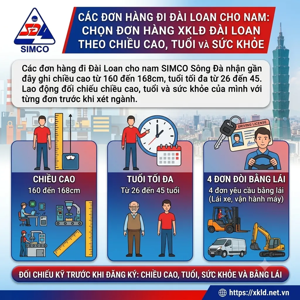 Bảng của SIMCO Sông Đà về đơn hàng đi Đài Loan cho nam: cao 160 đến 168cm, tuổi tối đa 26 đến 45, 4 đơn đòi bằng lái