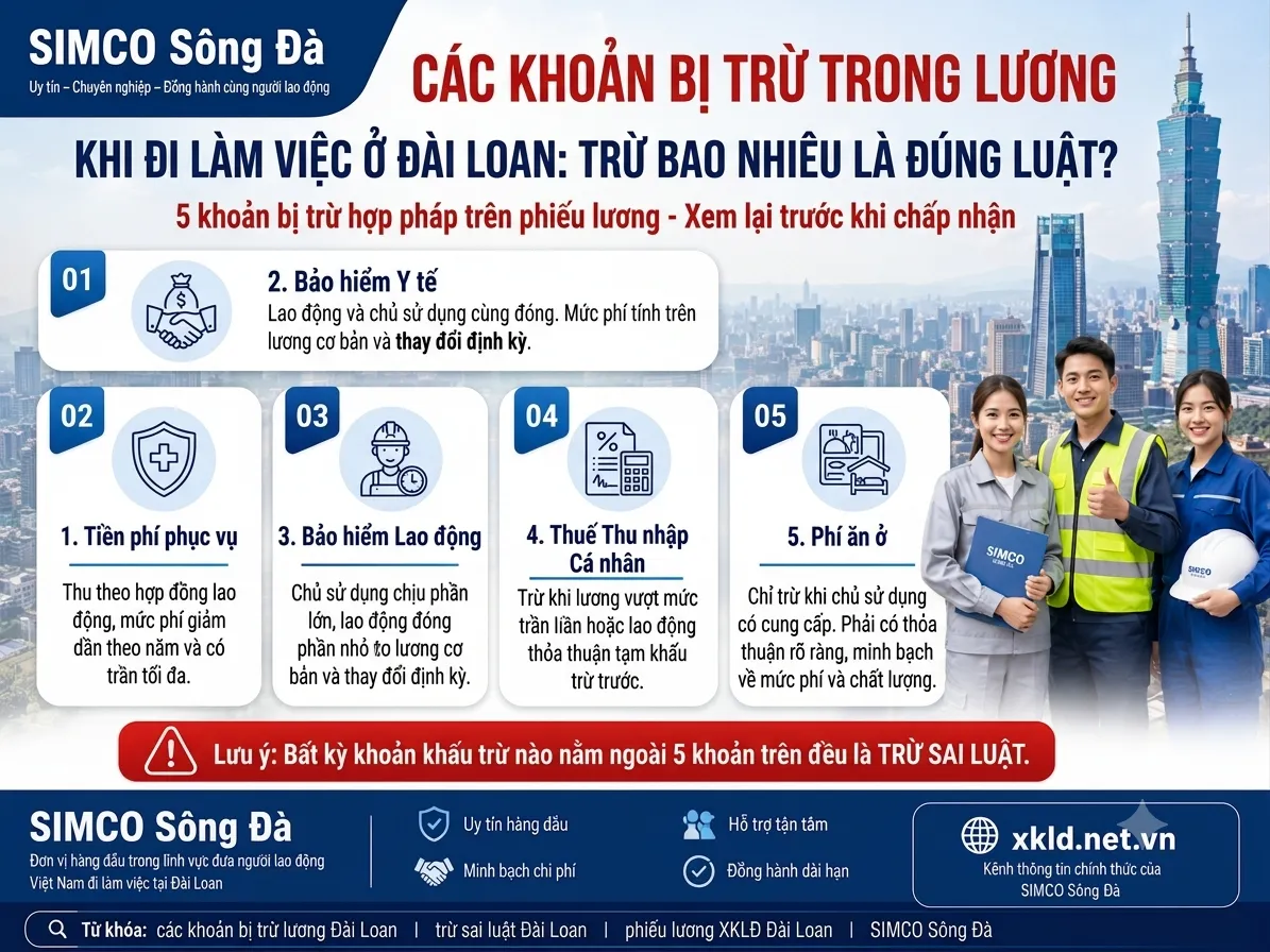 Bảng thông tin của SIMCO Sông Đà với tiêu đề Các khoản bị trừ trong lương khi đi làm việc ở Đài Loan: trừ bao nhiêu là đúng luật, nêu 5 khoản bị trừ hợp pháp trên phiếu lương gồm bảo hiểm y tế, tiền phí phục vụ, bảo hiểm lao động, thuế thu nhập cá nhân và phí ăn ở, kèm lưu ý khoản nào ngoài 5 khoản này là trừ sai luật, cạnh ba lao động mặc đồng phục SIMCO Sông Đà trước tòa nhà Đài Bắc 101