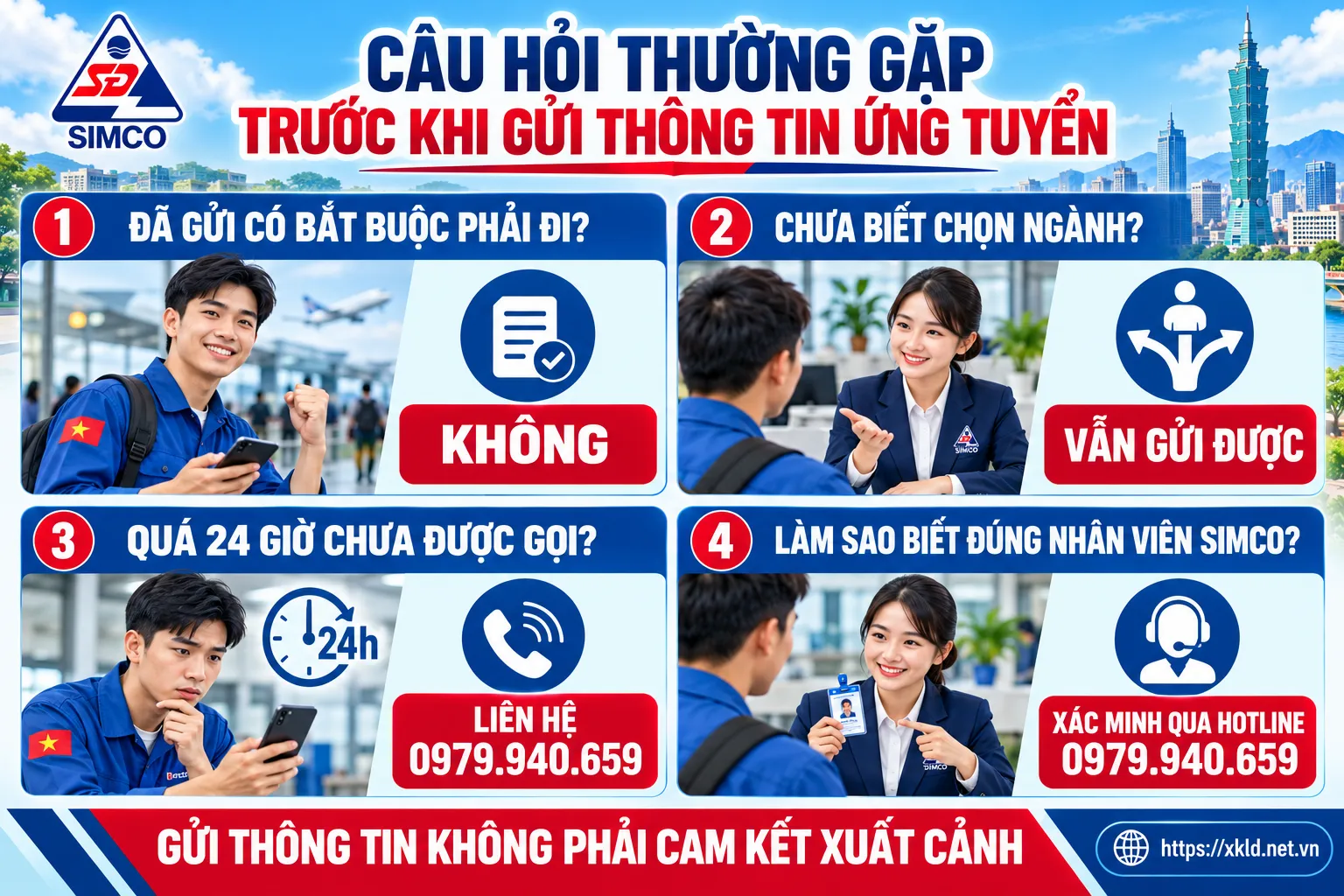 Bốn câu hỏi thường gặp trước khi gửi thông tin ứng tuyển: đã gửi có bắt buộc phải đi không, chưa biết chọn ngành có gửi được không, quá 24 giờ chưa được gọi thì sao, làm sao biết đúng nhân viên SIMCO Sông Đà. Gửi thông tin không phải cam kết xuất cảnh