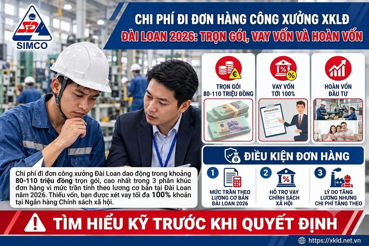 Bảng thông tin của SIMCO Sông Đà với tiêu đề Chi phí đi đơn hàng công xưởng XKLĐ Đài Loan 2026: trọn gói, vay vốn và hoàn vốn, nêu chi phí trọn gói 80-110 triệu đồng, vay vốn tới 100% và hoàn vốn đầu tư, cạnh hình một lao động đội mũ bảo hộ đang trao đổi với nhân viên tư vấn trong xưởng