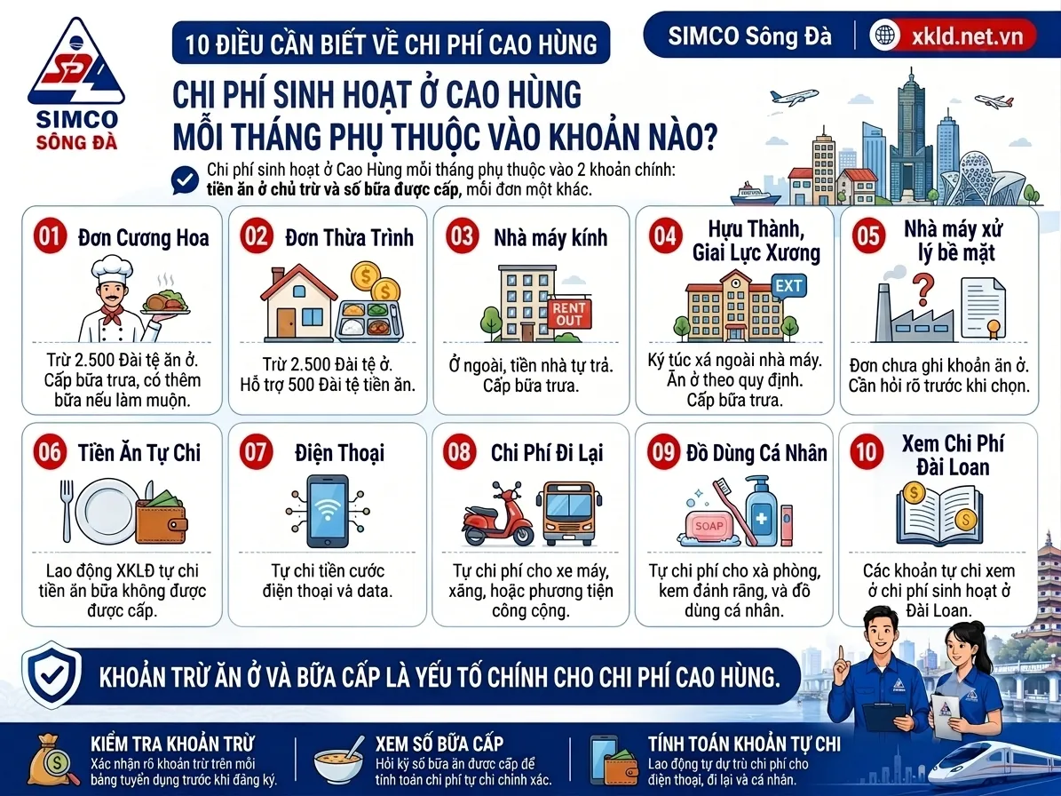 Bảng chi phí sinh hoạt ở Cao Hùng mỗi tháng phụ thuộc vào khoản nào: đơn Cương Hoa trừ 2.500 Đài tệ ăn ở, đơn Thừa Trình trừ 2.500 Đài tệ tiền ở và hỗ trợ 500 Đài tệ tiền ăn, nhà máy kính ở ngoài tự trả tiền nhà, Hựu Thành và Giai Lực Xương ở ký túc xá ngoài nhà máy, nhà máy xử lý bề mặt chưa ghi khoản ăn ở, cùng các khoản tự chi như tiền ăn, điện thoại, đi lại, đồ dùng cá nhân