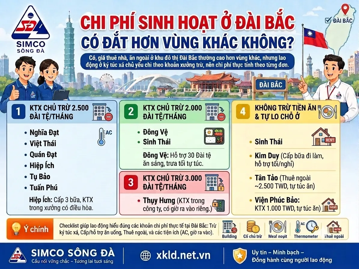 Bảng chi phí sinh hoạt ở Đài Bắc có đắt hơn vùng khác không: ký túc xá chủ trừ 2.500 Đài tệ một tháng ở Nghĩa Đạt, Việt Thái, Quán Đạt, Hiệp Ích, Tụ Bảo, Tuấn Phú; trừ 2.000 Đài tệ ở Đông Vệ, Sinh Thái; trừ 3.000 Đài tệ ở Thụy Hưng; nhóm không trừ tiền ăn và tự lo chỗ ở gồm Kim Duy, Tân Tảo, viện Phúc Bảo