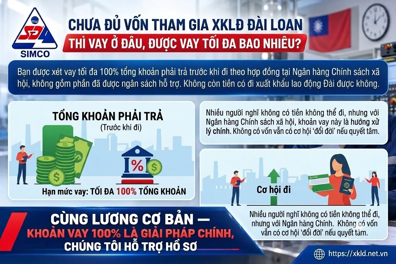 Bảng thông tin của SIMCO Sông Đà với tiêu đề Chưa đủ vốn tham gia XKLĐ Đài Loan thì vay ở đâu, được vay tối đa bao nhiêu, nêu hạn mức vay tối đa 100% tổng khoản phải trả trước khi đi tại Ngân hàng Chính sách xã hội, kèm dòng khoản vay 100% là giải pháp chính và SIMCO Sông Đà hỗ trợ hồ sơ, trên nền xưởng có cờ Đài Loan