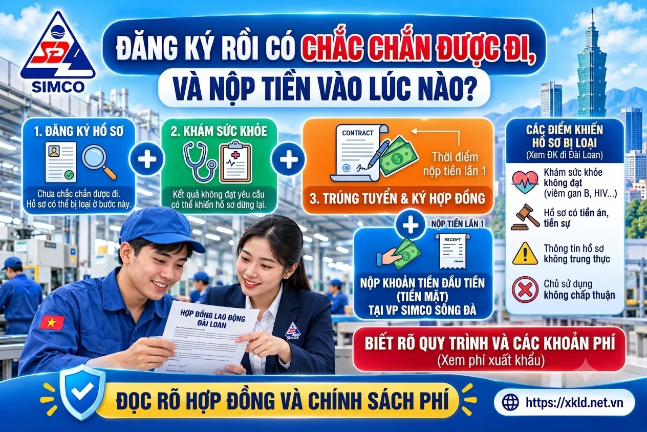 Sơ đồ đăng ký hồ sơ, khám sức khỏe, trúng tuyển ký hợp đồng và nộp khoản tiền đầu tiên bằng tiền mặt tại SIMCO Sông Đà