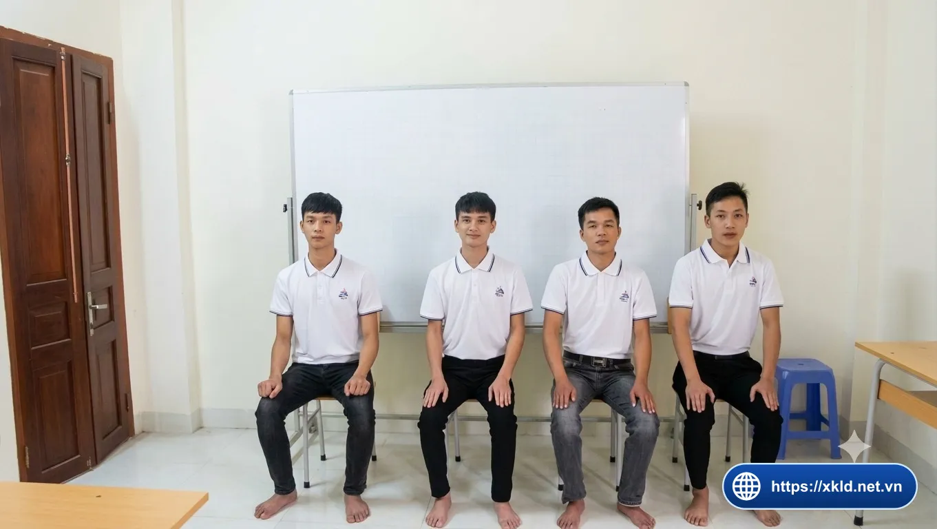 Bốn lao động nam áo polo trắng ngồi thẳng hàng trước bảng trắng trong lớp học của SIMCO Sông Đà