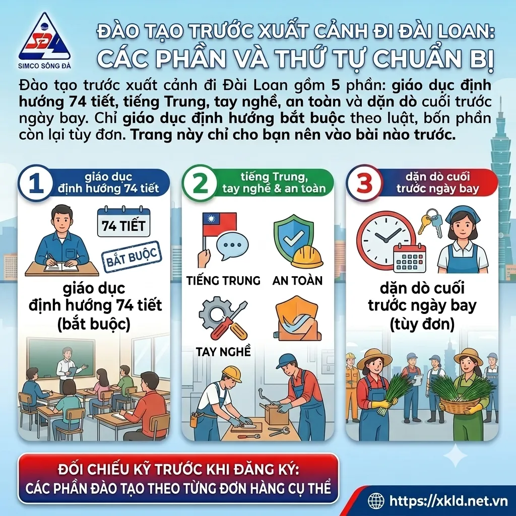 Bảng của SIMCO Sông Đà về đào tạo trước xuất cảnh đi Đài Loan: giáo dục định hướng 74 tiết, tiếng Trung, tay nghề, an toàn