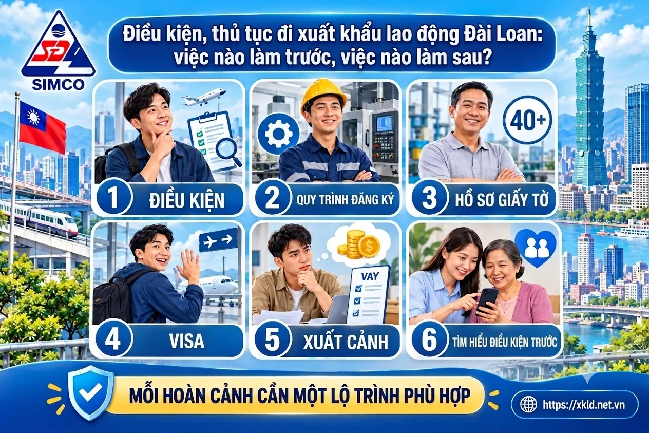 Bảng 6 mục điều kiện, quy trình đăng ký, hồ sơ giấy tờ, visa, xuất cảnh và tìm hiểu điều kiện trước khi đi XKLĐ Đài Loan