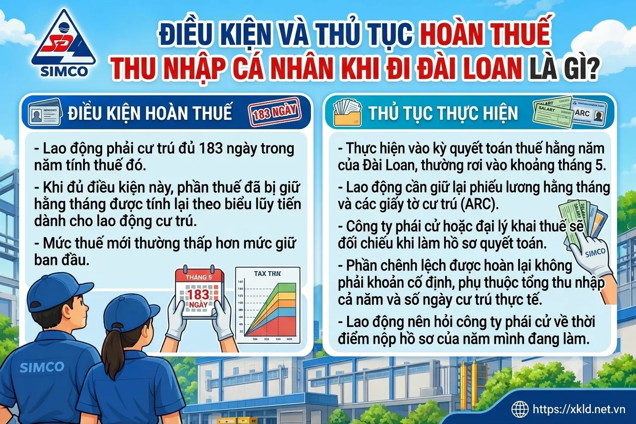 Bảng thông tin của SIMCO Sông Đà với tiêu đề Điều kiện và thủ tục hoàn thuế thu nhập cá nhân khi đi Đài Loan là gì, nêu điều kiện cư trú đủ 183 ngày và các bước thủ tục vào kỳ quyết toán thuế hằng năm thường vào tháng 5, cạnh hai lao động mặc áo SIMCO Sông Đà