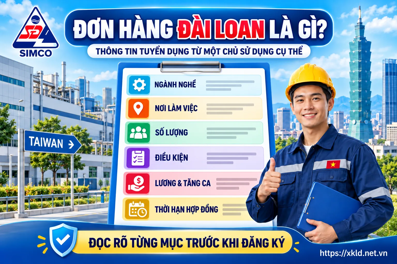Banner giới thiệu đơn hàng Đài Loan SIMCO Sông Đà, với các mục ngành nghề, nơi làm việc, số lượng, điều kiện, lương và tăng ca, thời hạn hợp đồng cần đọc rõ trước khi đăng ký