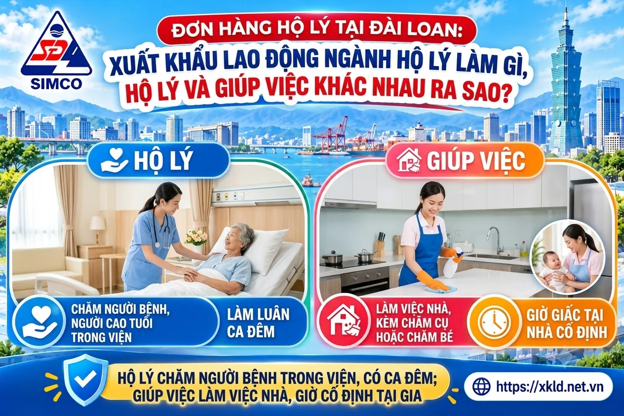 Bảng so sánh đơn hàng hộ lý và giúp việc tại Đài Loan: bên trái hộ lý chăm người bệnh, người cao tuổi trong viện, làm luân ca đêm, cạnh hình nữ hộ lý mặc đồ xanh nắm tay cụ bà nằm giường bệnh; bên phải giúp việc làm việc nhà, kèm chăm cụ hoặc chăm bé, giờ giấc tại nhà cố định, cạnh hình nữ giúp việc lau bếp và một phụ nữ bế bé