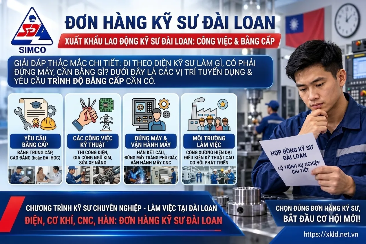 Bảng thông tin đơn hàng kỹ sư Đài Loan của SIMCO Sông Đà: đi theo diện kỹ sư làm gì, có phải đứng máy, cần bằng gì, chia 4 nhóm yêu cầu bằng cấp, các công việc kỹ thuật, đứng máy và vận hành máy, môi trường làm việc, cạnh hình một lao động nam mặc đồ bảo hộ cầm tờ hợp đồng kỹ sư trong xưởng máy