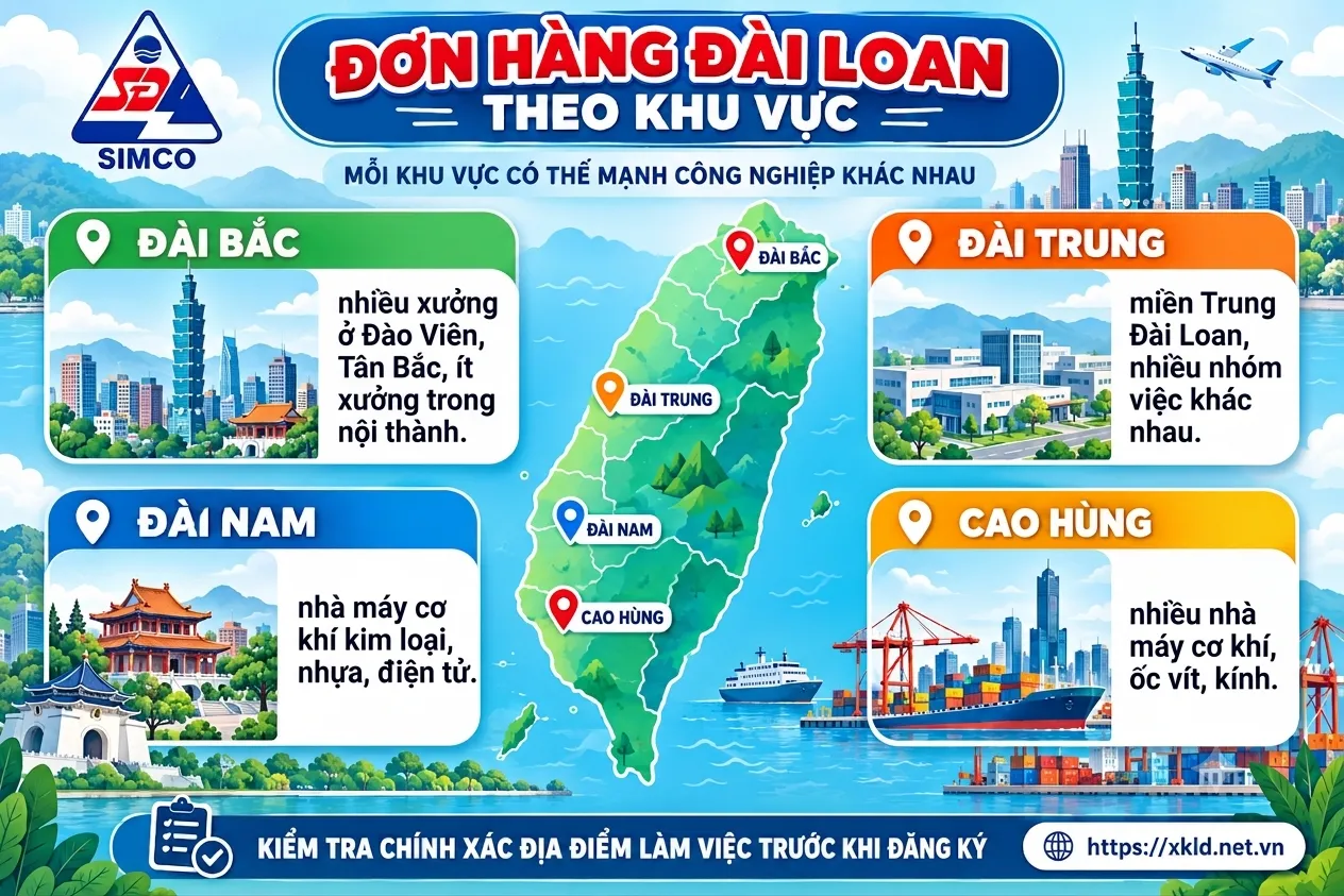 Bản đồ Đài Loan đánh dấu 4 khu vực làm việc Đài Bắc, Đài Trung, Cao Hùng, Đài Nam, mỗi khu vực kèm một dòng mô tả: Đài Bắc nhiều xưởng ở Đào Viên, Tân Bắc; Đài Trung nhiều nhóm việc khác nhau; Đài Nam nhà máy cơ khí kim loại, nhựa, điện tử; Cao Hùng nhiều nhà máy cơ khí, ốc vít, kính