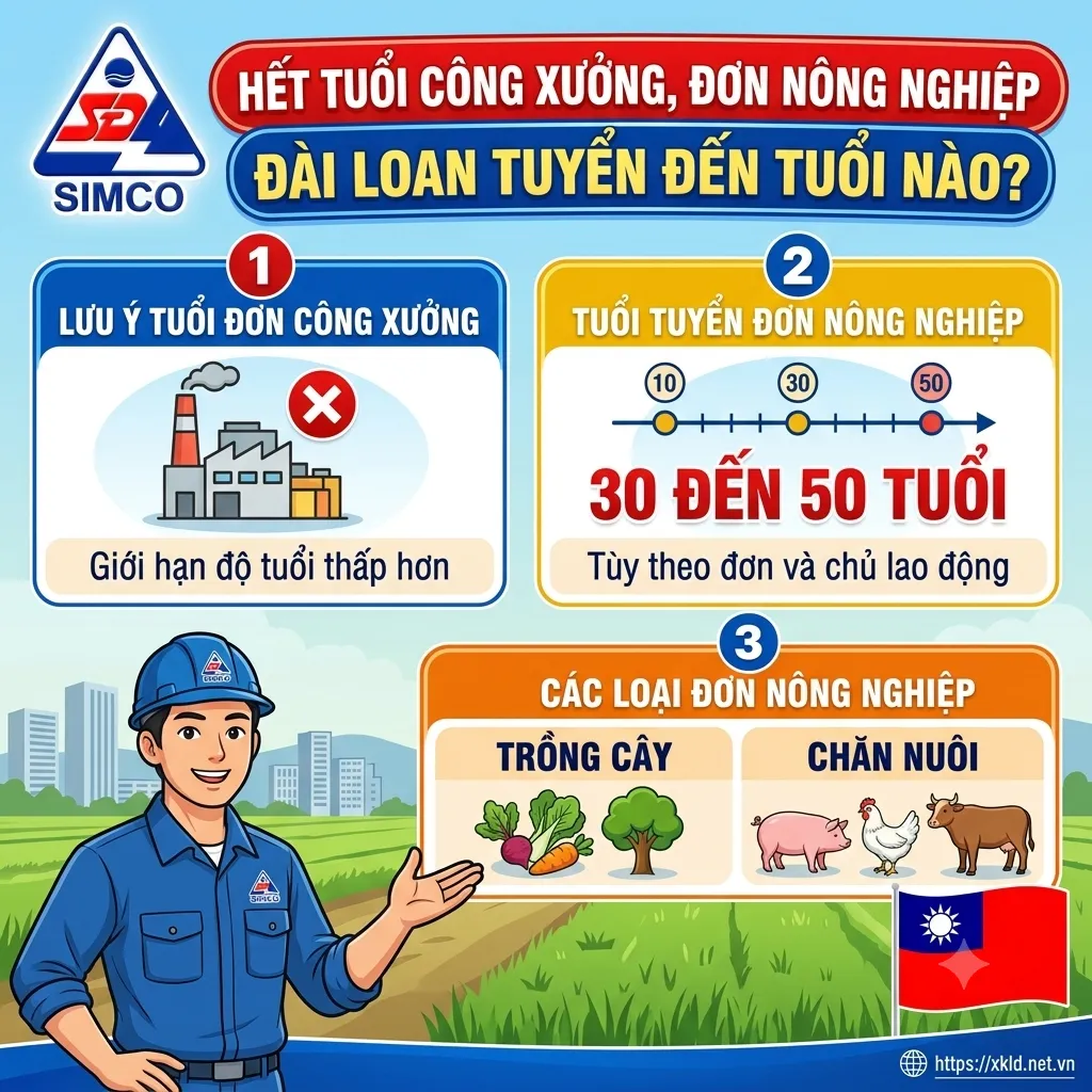 Bảng thông tin hết tuổi công xưởng, đơn nông nghiệp Đài Loan tuyển đến tuổi nào: lưu ý giới hạn độ tuổi đơn công xưởng thấp hơn, tuổi tuyển đơn nông nghiệp từ 30 đến 50 tuổi tùy theo đơn và chủ lao động, các loại đơn nông nghiệp gồm trồng cây và chăn nuôi, cạnh hình lao động nam mặc đồ bảo hộ trên cánh đồng