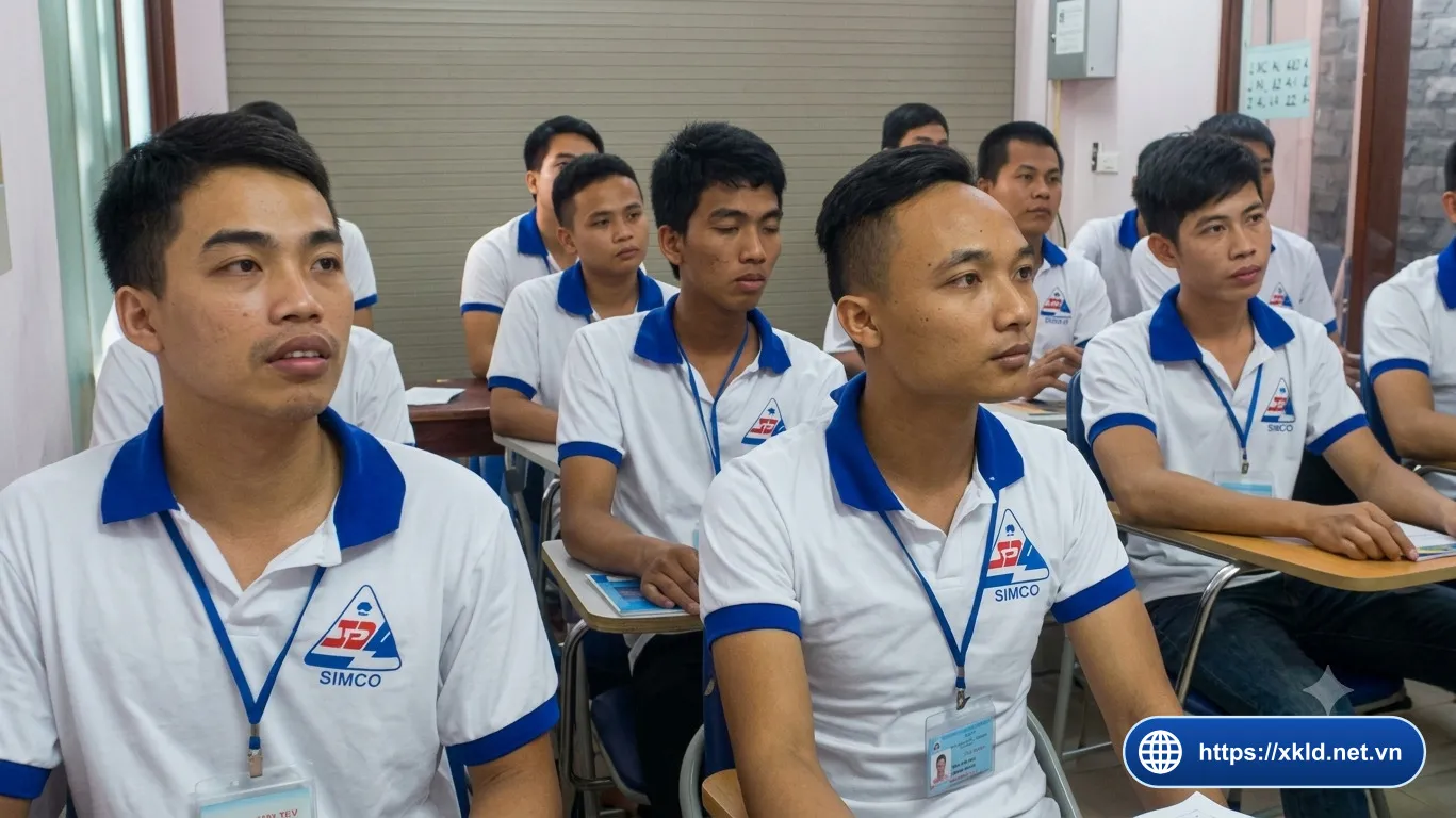 Lớp học của SIMCO Sông Đà, lao động nam mặc áo polo có logo SIMCO Sông Đà ngồi nghe giảng