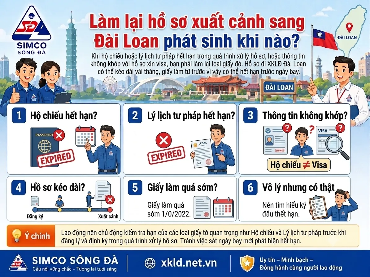 Bảng 6 ô của SIMCO Sông Đà với tiêu đề Làm lại hồ sơ xuất cảnh sang Đài Loan phát sinh khi nào: hộ chiếu hết hạn, lý lịch tư pháp hết hạn, thông tin không khớp, hồ sơ kéo dài, giấy làm quá sớm và vô lý nhưng có thật, kèm ý chính nên chủ động kiểm tra hạn giấy tờ