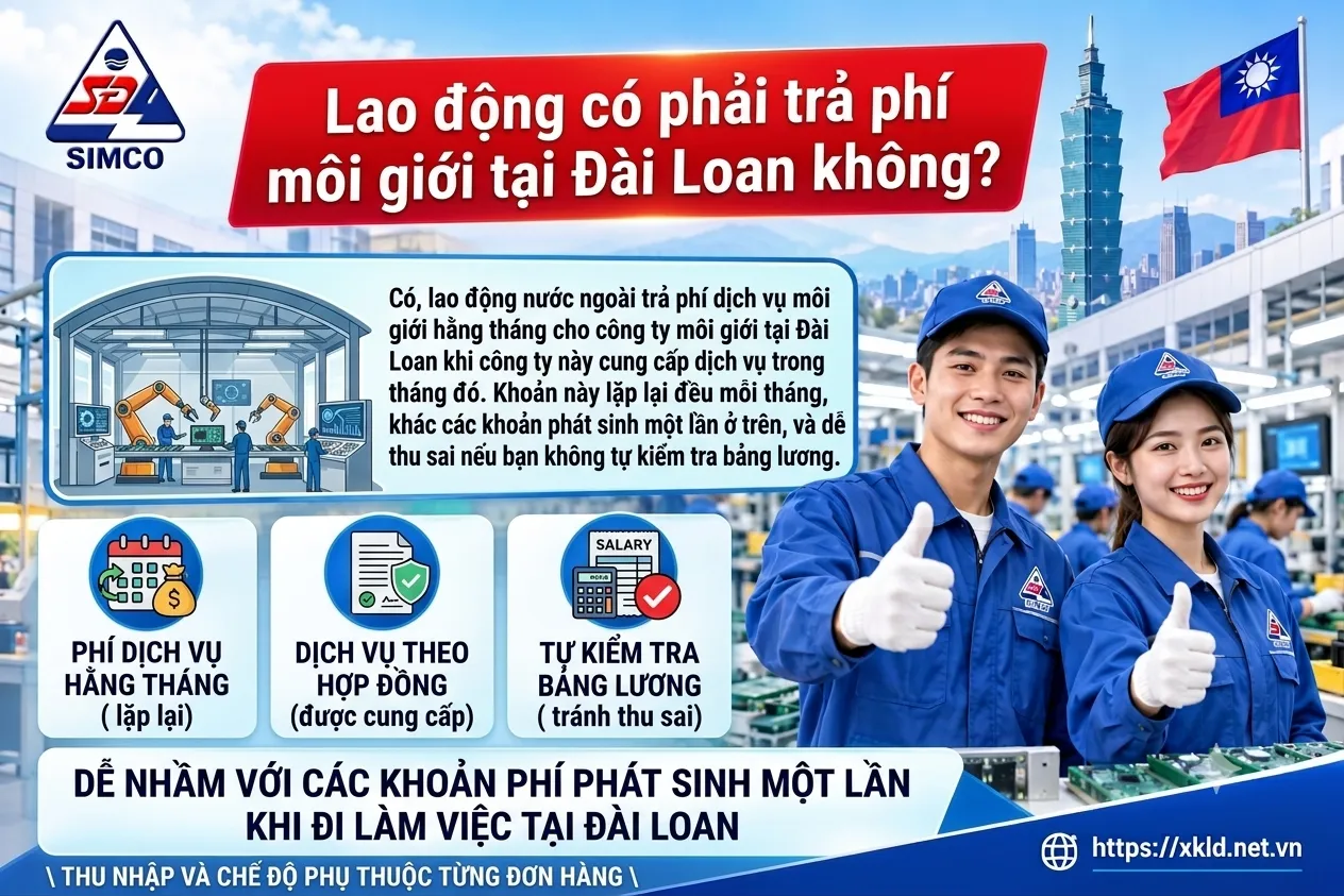 Bảng thông tin của SIMCO Sông Đà với tiêu đề Lao động có phải trả phí môi giới tại Đài Loan không, trả lời có, trả phí dịch vụ môi giới hằng tháng cho công ty môi giới tại Đài Loan, kèm 3 ô phí dịch vụ hằng tháng, dịch vụ theo hợp đồng và tự kiểm tra bảng lương, cạnh hai lao động mặc áo xanh giơ ngón tay cái