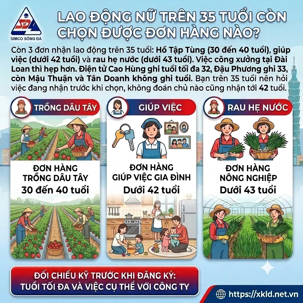 Ba đơn nhận lao động nữ trên 35 tuổi: trồng dâu tây 30 đến 40 tuổi, giúp việc dưới 42 tuổi, rau hẹ nước dưới 43 tuổi