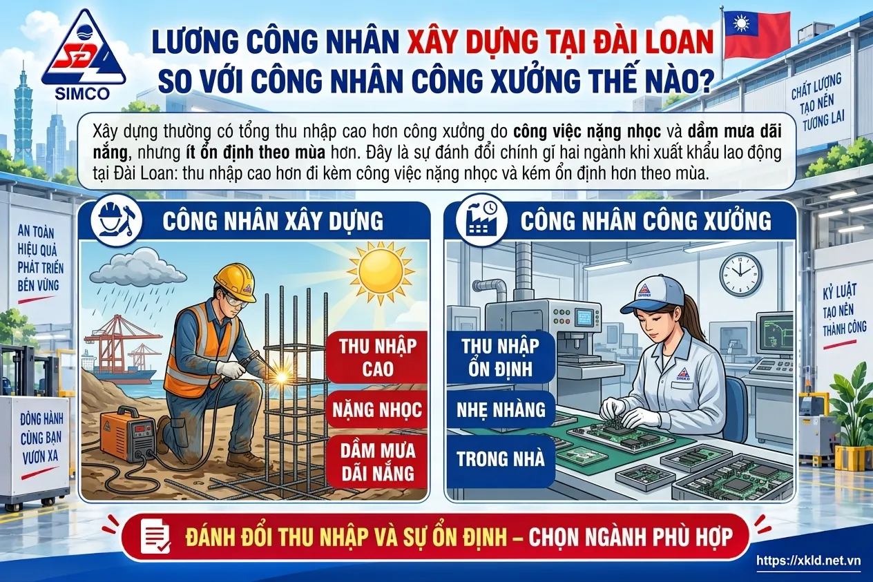 Bảng thông tin của SIMCO Sông Đà với tiêu đề Lương công nhân xây dựng tại Đài Loan so với công nhân công xưởng thế nào, nêu xây dựng thường có tổng thu nhập cao hơn công xưởng nhưng nặng nhọc, dầm mưa dãi nắng và ít ổn định theo mùa, còn công xưởng thu nhập ổn định, nhẹ nhàng, làm việc trong nhà