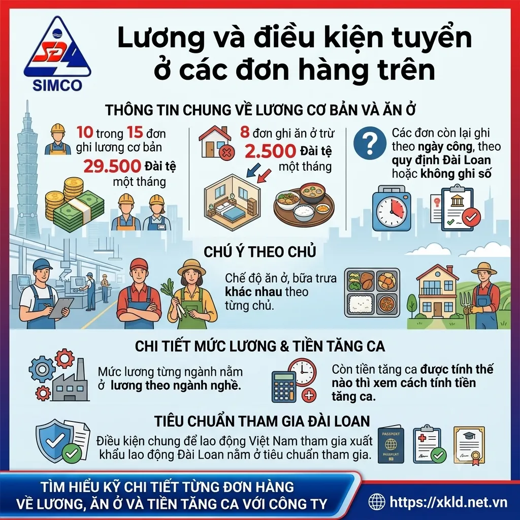 Bảng tóm tắt lương cơ bản, tiền ăn ở bị trừ và nơi xem tiêu chuẩn tham gia ở các đơn hàng cho nam của SIMCO Sông Đà
