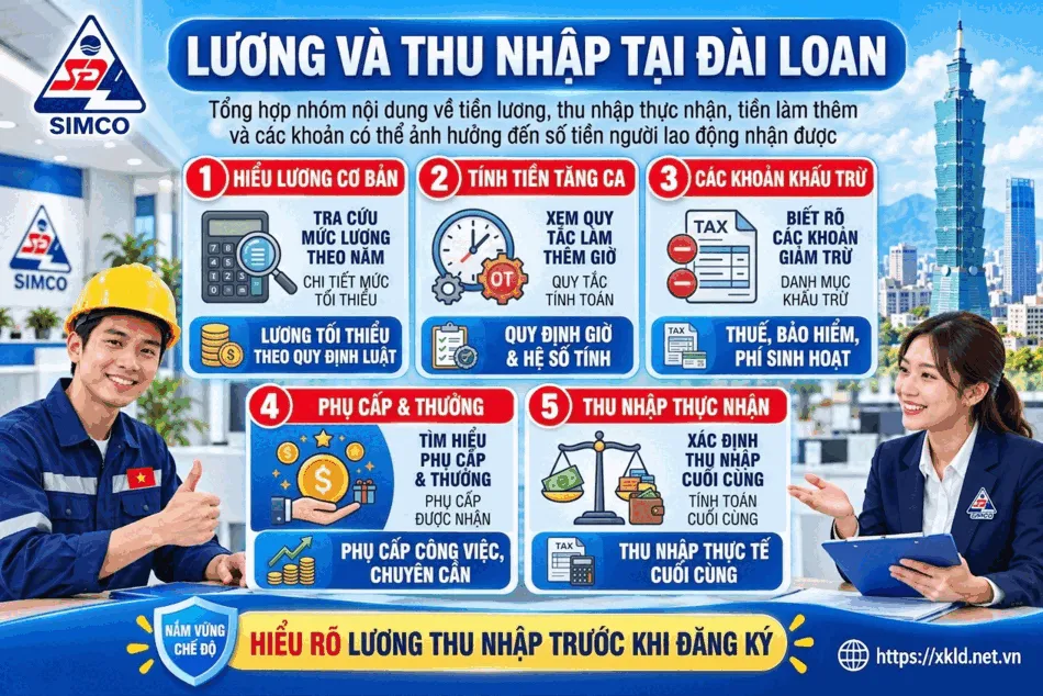 Bảng Lương và thu nhập tại Đài Loan, nhóm các nội dung về lương cơ bản, tiền tăng ca, các khoản khấu trừ và thu nhập thực nhận, kèm hình một lao động đội mũ bảo hộ giơ ngón tay cái và một nhân viên tư vấn