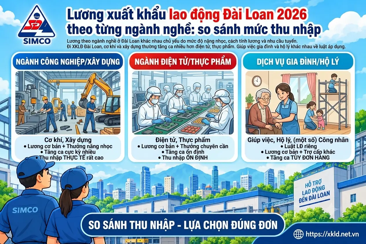 Bảng thông tin của SIMCO Sông Đà với tiêu đề Lương xuất khẩu lao động Đài Loan 2026 theo từng ngành nghề: so sánh mức thu nhập, chia 3 nhóm gồm ngành công nghiệp và xây dựng (cơ khí, xây dựng), ngành điện tử và thực phẩm, dịch vụ gia đình và hộ lý (giúp việc, hộ lý), mỗi nhóm kèm mô tả lương cơ bản và tăng ca, hai lao động mặc áo SIMCO Sông Đà đứng quay lưng ở góc dưới
