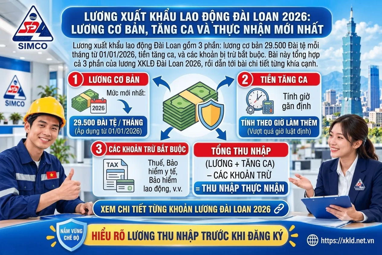 Bảng thông tin của SIMCO Sông Đà với tiêu đề Lương xuất khẩu lao động Đài Loan 2026: lương cơ bản, tăng ca và thực nhận mới nhất, chia lương thành 3 phần gồm lương cơ bản 29.500 Đài tệ một tháng áp dụng từ 01/01/2026, tiền tăng ca tính theo giờ làm thêm và các khoản trừ bắt buộc, kèm công thức thu nhập thực nhận, giữa một lao động nam đội mũ bảo hộ và một nữ tư vấn viên SIMCO Sông Đà
