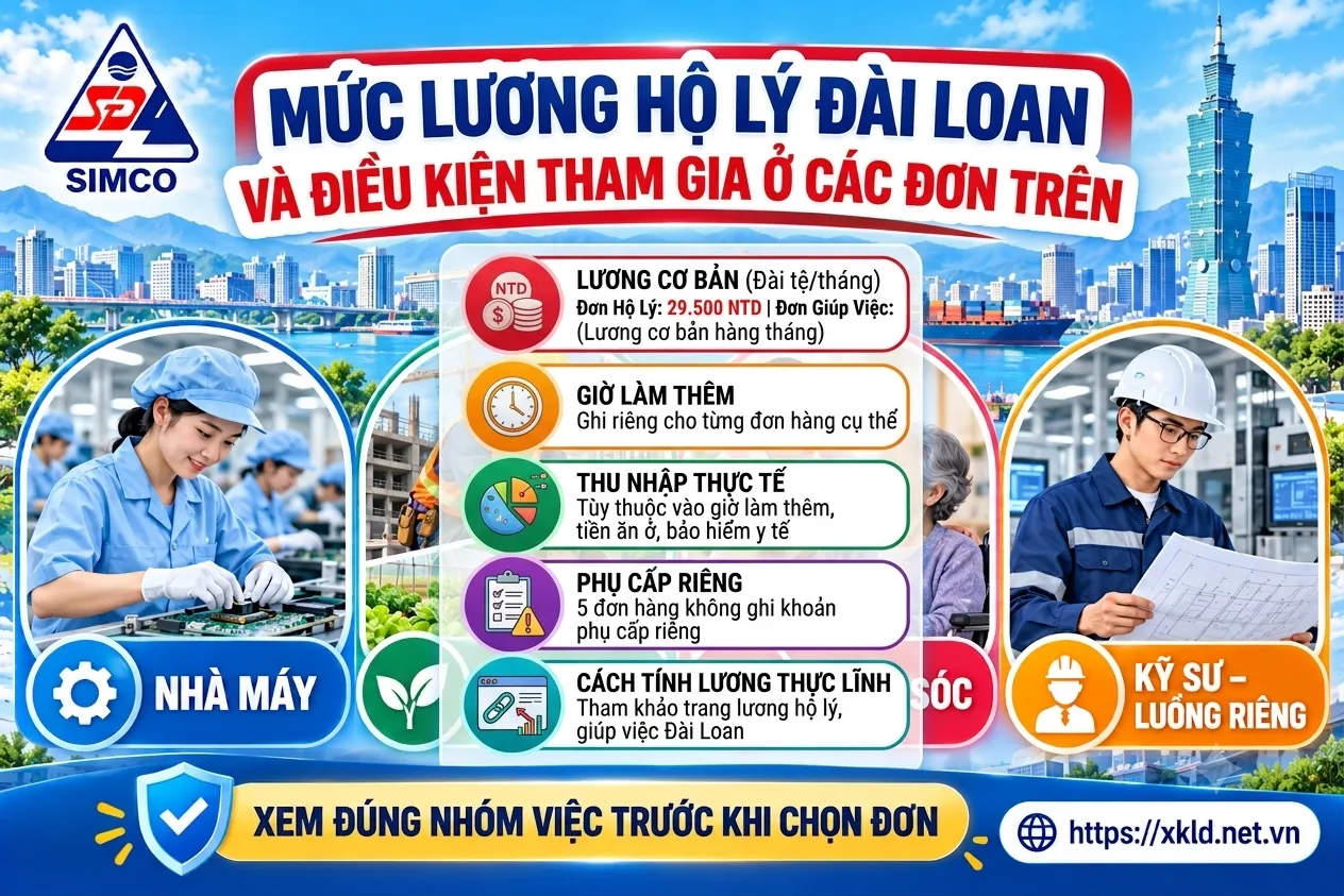 Bảng tóm tắt mức lương hộ lý Đài Loan và điều kiện tham gia ở các đơn: lương cơ bản đơn hộ lý 29.500 Đài tệ một tháng, giờ làm thêm ghi riêng từng đơn, thu nhập thực tế tùy giờ làm thêm, tiền ăn ở, bảo hiểm y tế, 5 đơn không ghi khoản phụ cấp riêng, cách tính lương thực lĩnh xem ở trang lương hộ lý, giúp việc