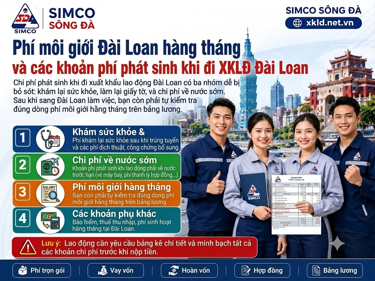 Bảng thông tin của SIMCO Sông Đà với tiêu đề Phí môi giới Đài Loan hàng tháng và các khoản phí phát sinh khi đi XKLĐ Đài Loan, nêu 4 nhóm: khám sức khỏe, chi phí về nước sớm, phí môi giới hàng tháng và các khoản phụ khác, cạnh bốn lao động mặc đồng phục SIMCO Sông Đà, một người cầm bảng lương
