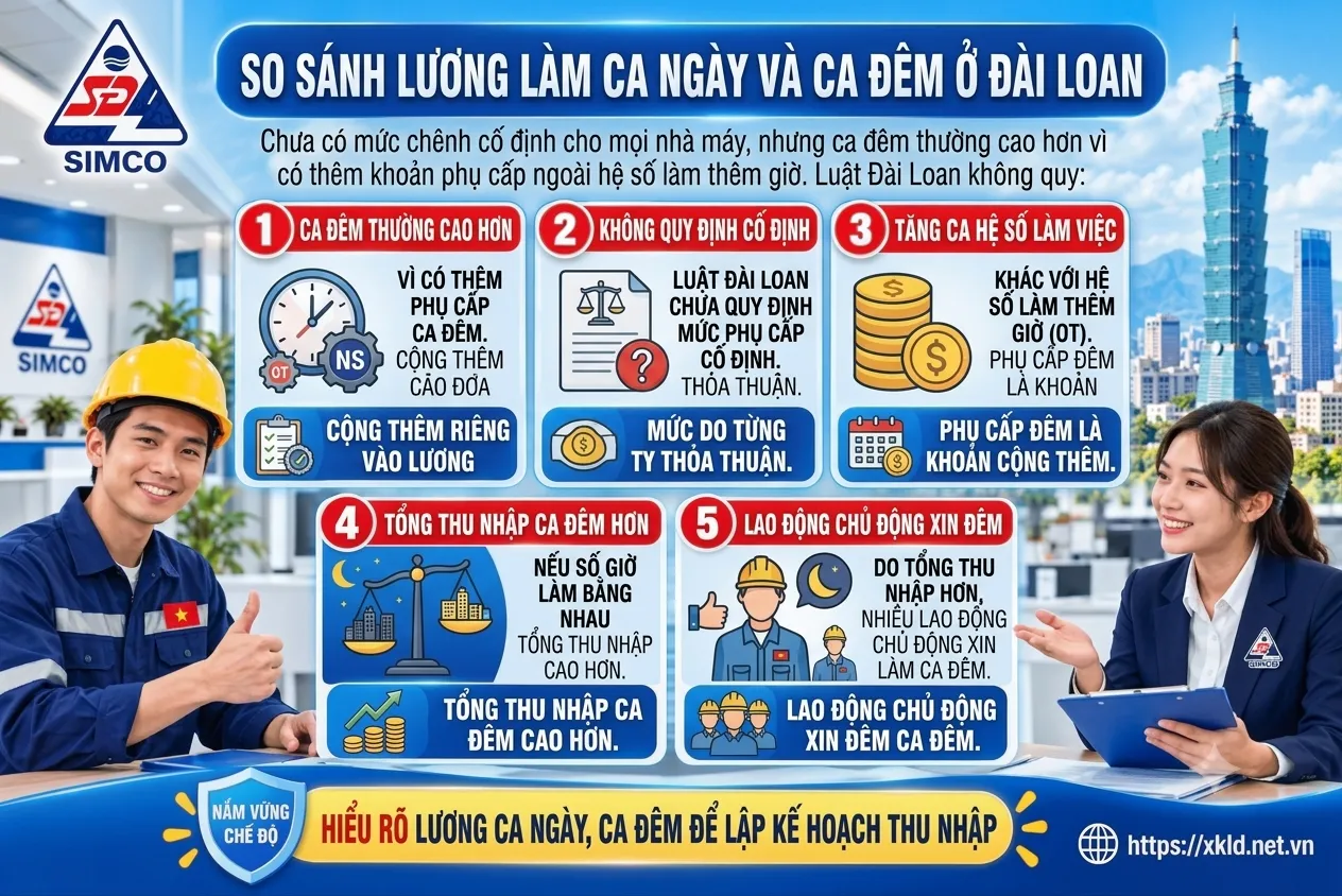 Bảng thông tin của SIMCO Sông Đà với tiêu đề So sánh lương làm ca ngày và ca đêm ở Đài Loan, nêu chưa có mức chênh cố định cho mọi nhà máy nhưng ca đêm thường cao hơn vì có phụ cấp ca đêm riêng ngoài hệ số làm thêm giờ, luật Đài Loan chưa quy định mức phụ cấp cố định, do từng công ty thỏa thuận, kèm 5 ý, cạnh một lao động nam đội mũ bảo hộ và một nữ tư vấn viên