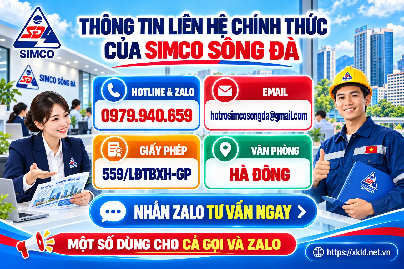 Bảng thông tin liên hệ chính thức của SIMCO Sông Đà gồm hotline và Zalo 0979.940.659, email hotrosimcosongda@gmail.com, giấy phép 559/LĐTBXH-GP, văn phòng Hà Đông và nút Nhắn Zalo tư vấn ngay, cạnh nhân viên tư vấn đang trao đổi và một công nhân đội mũ bảo hộ giơ ngón tay cái