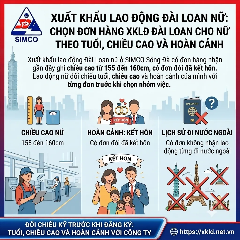 Bảng của SIMCO Sông Đà về xuất khẩu lao động Đài Loan nữ: cao 155 đến 160cm, có đơn đòi đã kết hôn