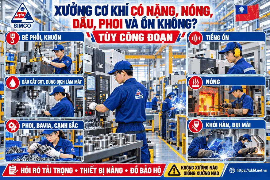 Xưởng cơ khí có nặng, nóng, dầu, phoi và ồn không: tùy công đoạn, từ bê phôi, dầu cắt gọt, phoi tới khói hàn, bụi mài